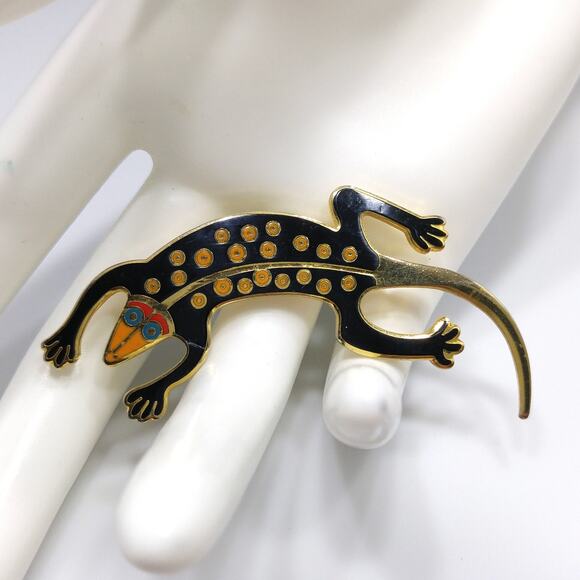 Laurel Burch Black "Lizard" Brooch, Gold Plated Cloisonne, 1980s Vintage Jewelry - Picture 2 of 10